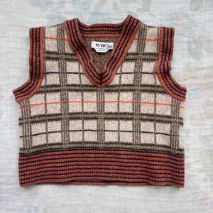 Boys Retro Plaid Sweater Vest 2T Wool Cashmere Brown Orange Preppy V-Necks
